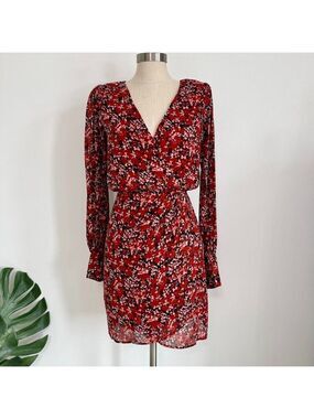 The Kooples Red Floral Long Sheer Sleeve Mini Wrap Dress Womens Size 0 Paris